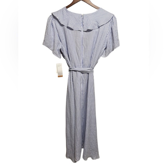 DN Design Women’s Blue & White striped chambray ruffled front dress. Sz 16W - Picture 2 of 9